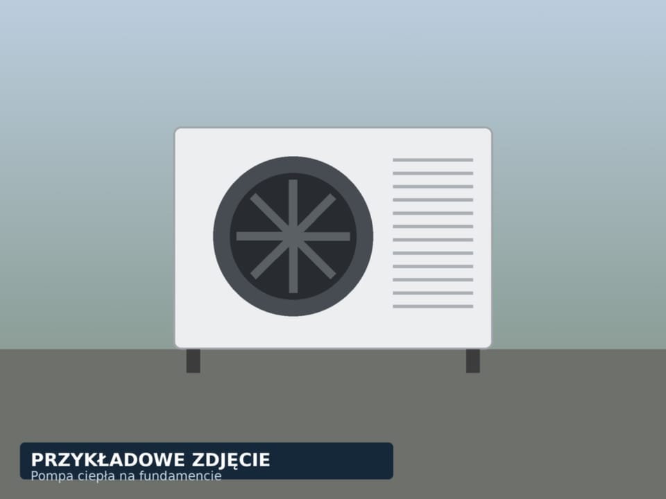 Jednostka zewnętrzna pompy ciepła na betonowym fundamencie przy domu